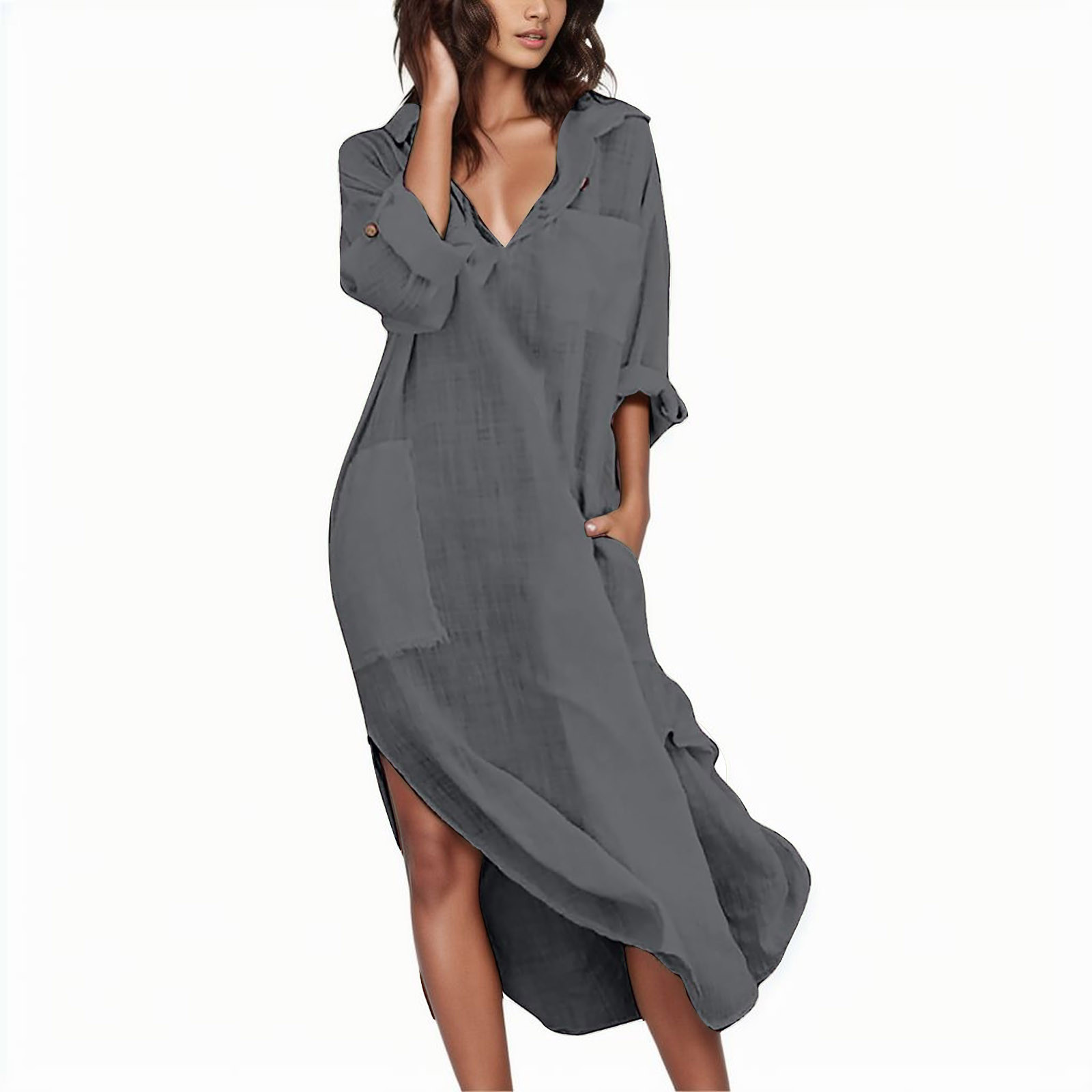 thumbnail image 2 of Vestido camisero holgado con botones delante en color liso para mujer: algodón flameado, informal y elegante, manga larga, cuello redondo, tallas S-XXL, otoño/invierno, 2 of 7